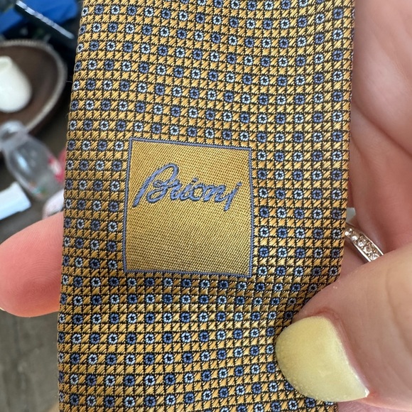 BRIONI Handmade Italian Seta Silk Tue Gold With Blue Detailing 58.5” Luxury - Picture 4 of 7